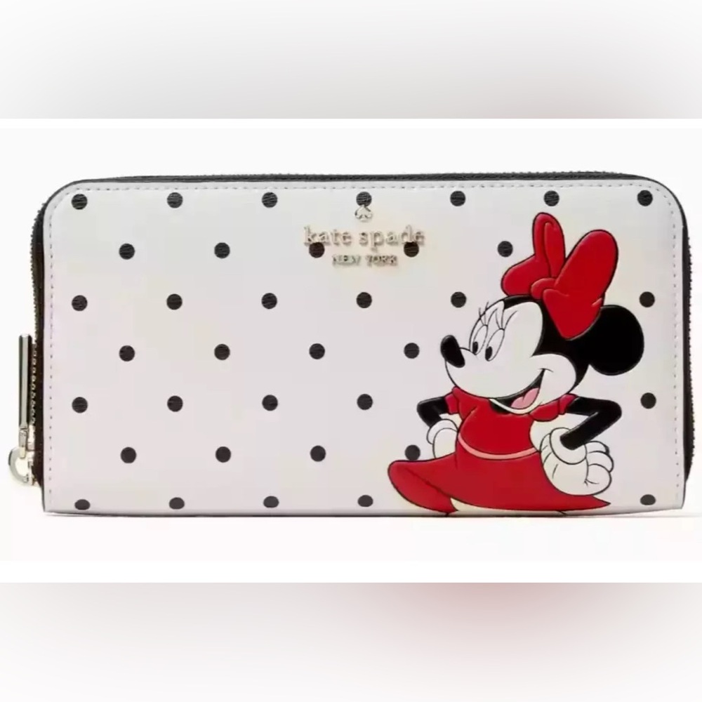 Kate Spade Disney X Minnie Mouse Zip Around Continental Wallet White Black Dot